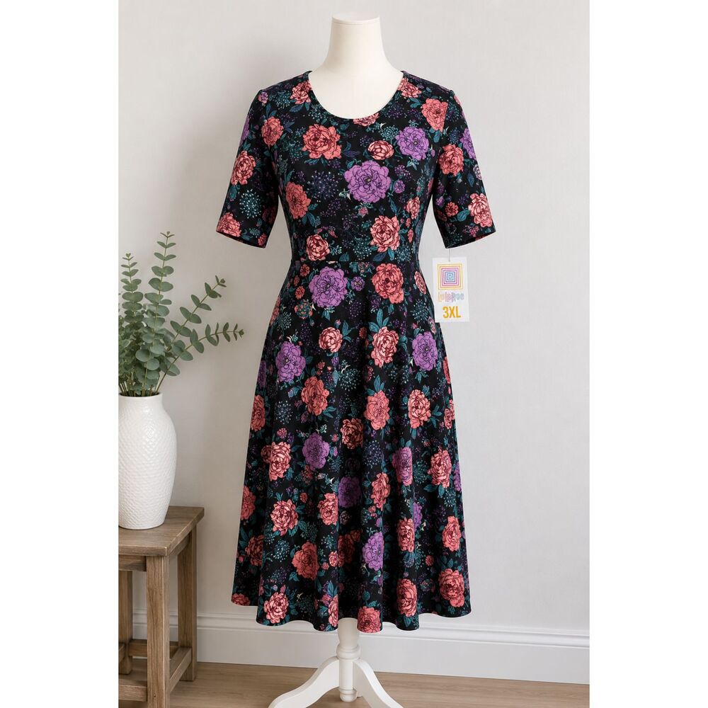 LuLaRoe Nicole Dress 3XL Black Floral Fit & Flare Midi Stretch Knit NWT Plus